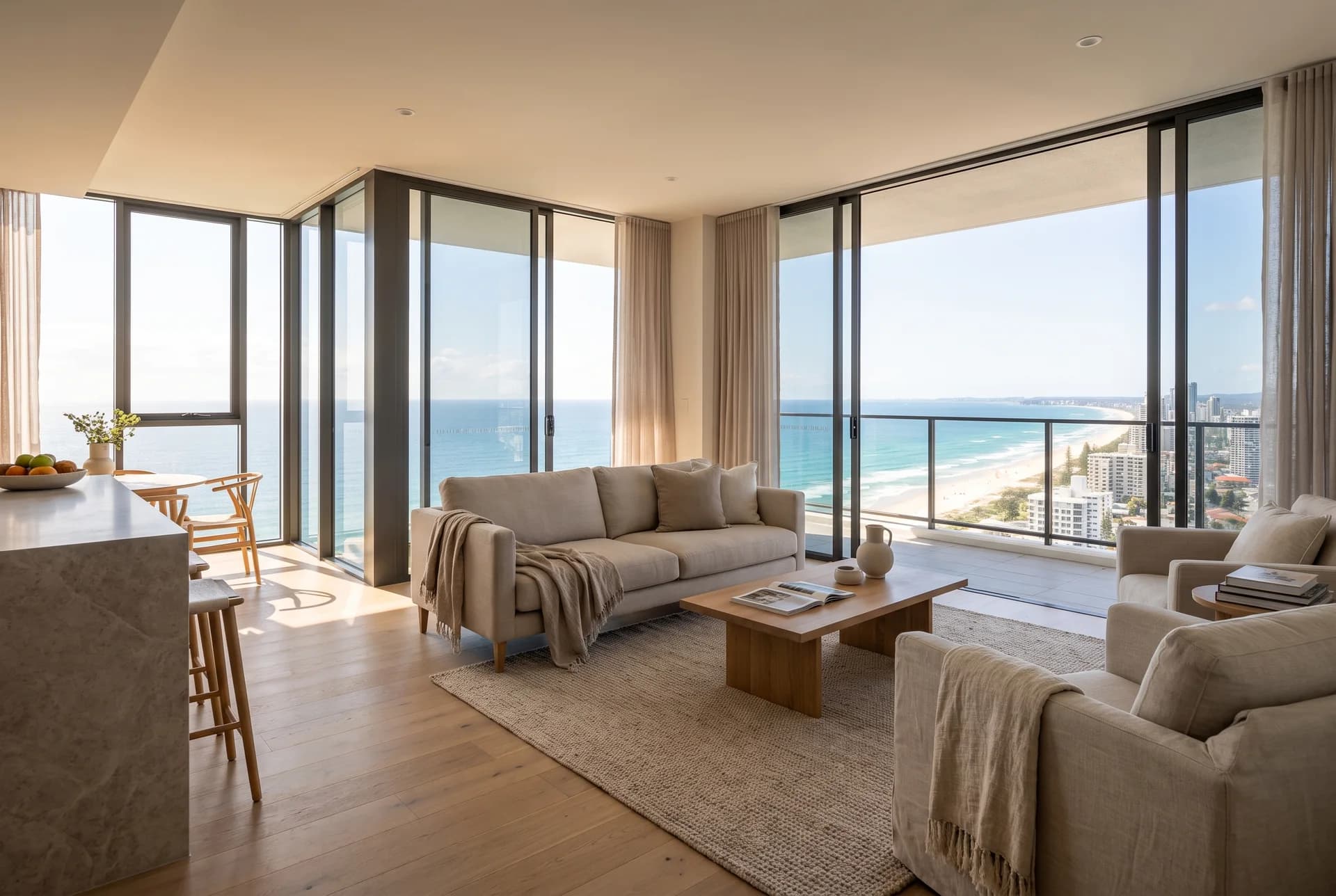 High-rise apartment living room with sweeping ocean views in Broadbeach