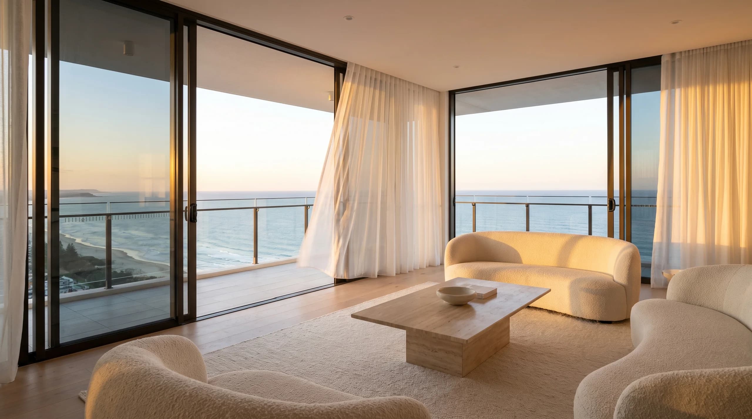 Coastal penthouse living room with sheer curtains and ocean views