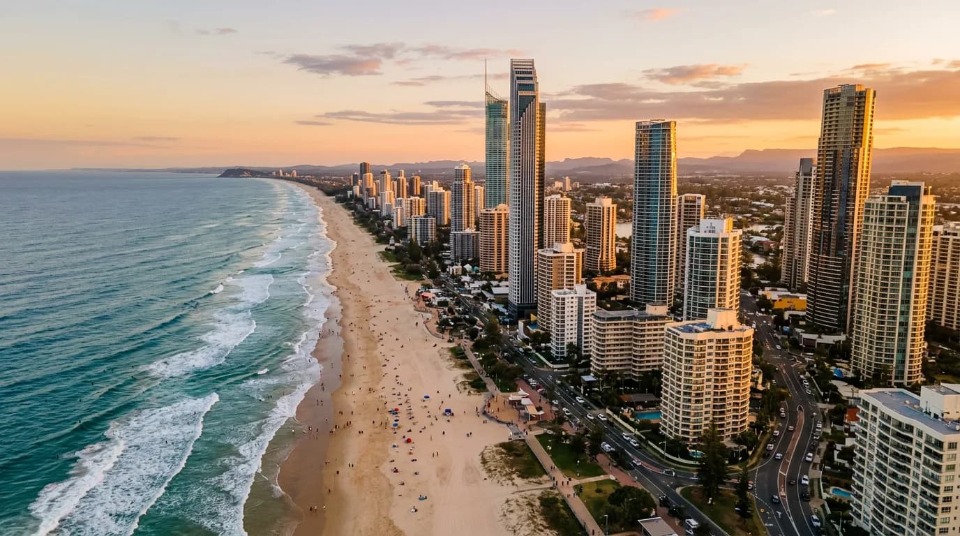 Surfers Paradise beachfront skyline meeting golden sand at sunset, Gold Coast