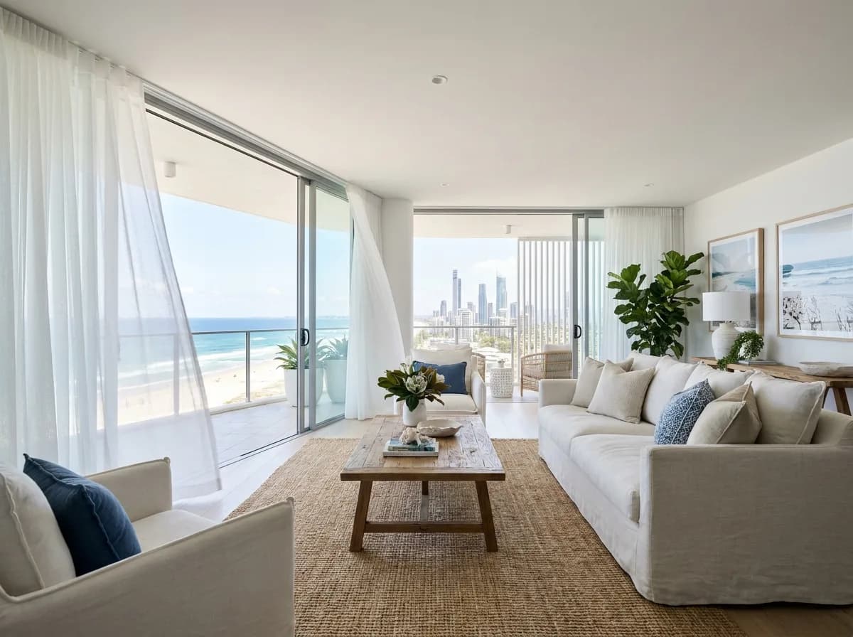 Beachfront highrise apartment with ocean-view balcony at Broadbeach, Gold Coast