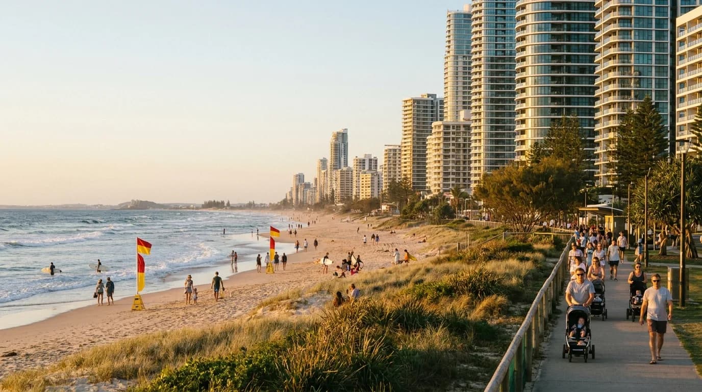 Patrolled beach and apartment towers along the foreshore at Broadbeach, Gold Coast