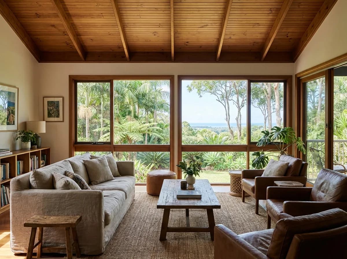 Hinterland family home living room with garden and coast views in Buderim, Sunshine Coast