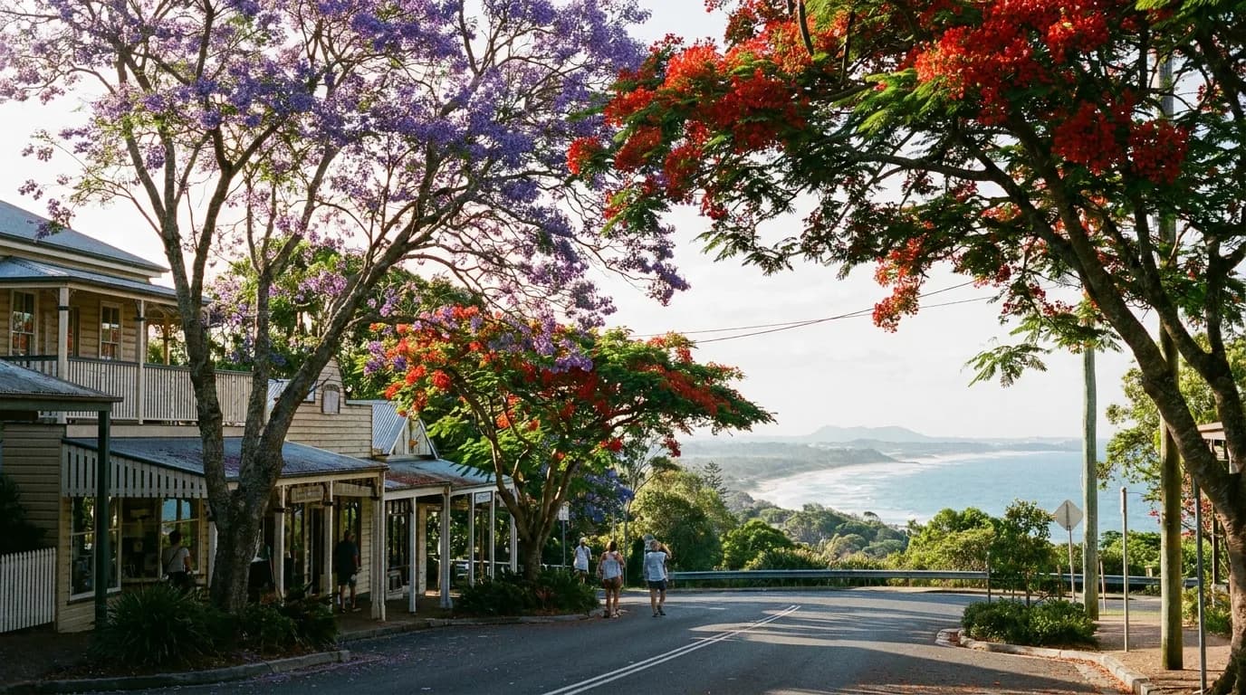 Leafy Buderim village on the plateau with coastline views, Sunshine Coast