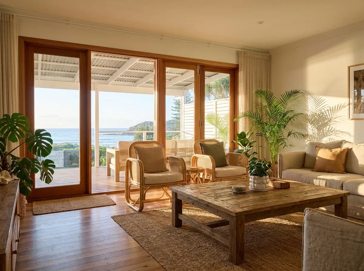 Relaxed beach house living room with deck and ocean glimpse in Burleigh Heads, Gold Coast