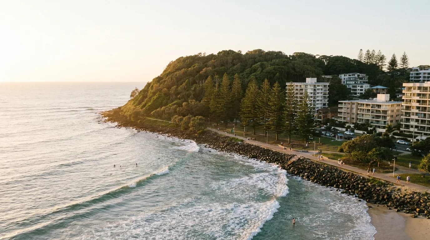 Burleigh Heads headland, Norfolk pines and point break at golden hour, Gold Coast