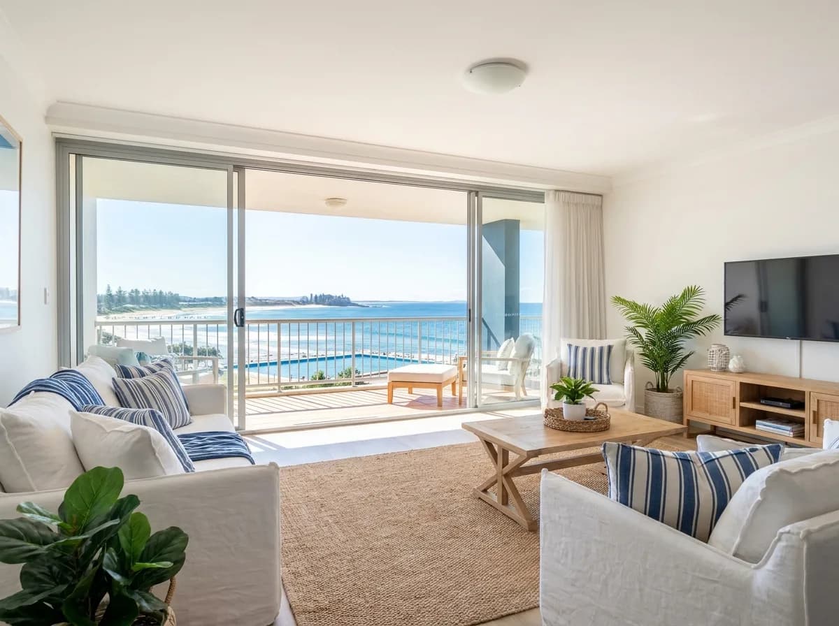 Beachside apartment living area overlooking Kings Beach at Caloundra, Sunshine Coast