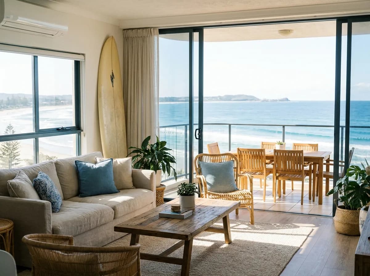 Beachfront apartment overlooking Rainbow Bay surf at Coolangatta, Gold Coast