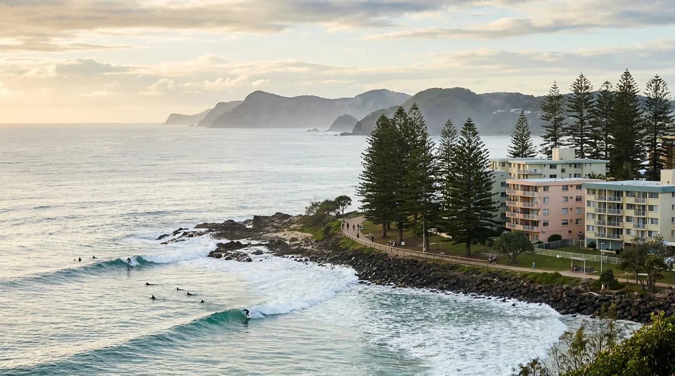 Rainbow Bay and Snapper Rocks surf from Point Danger at Coolangatta, Gold Coast
