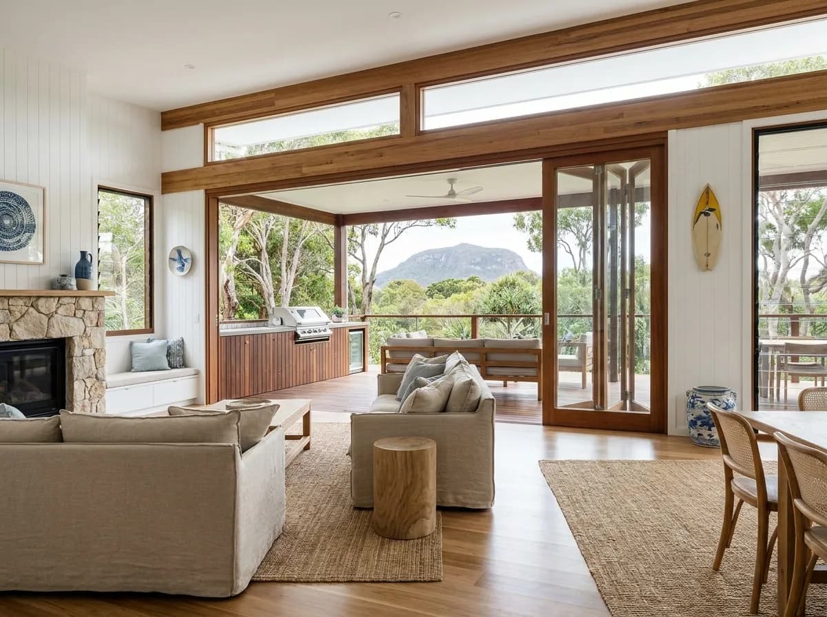 Coastal home living space with deck and Mount Coolum outlook at Coolum Beach, Sunshine Coast