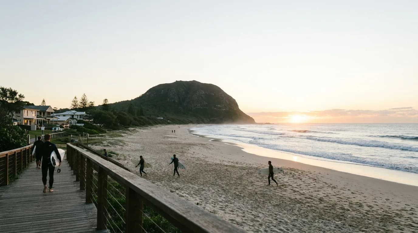 Mount Coolum rising behind the dunes and boardwalk at Coolum Beach, Sunshine Coast