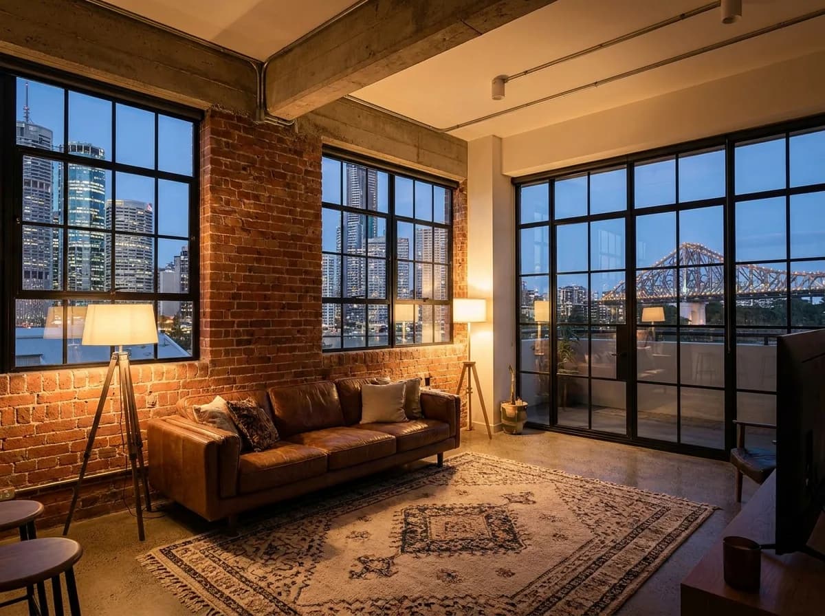 Warehouse-conversion apartment living room in Fortitude Valley, Brisbane, styled for rental