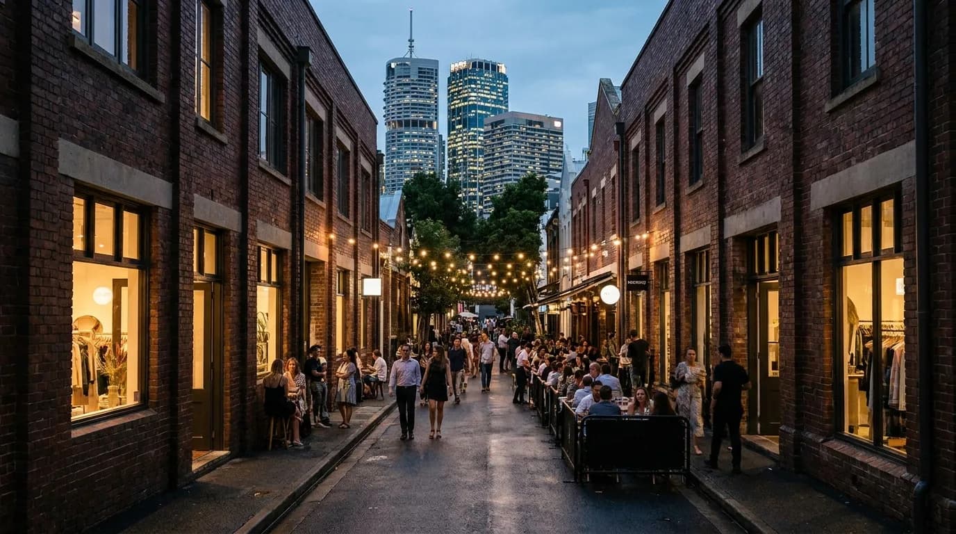 James Street precinct in Fortitude Valley, Brisbane — warehouse facades and laneway dining near the CBD