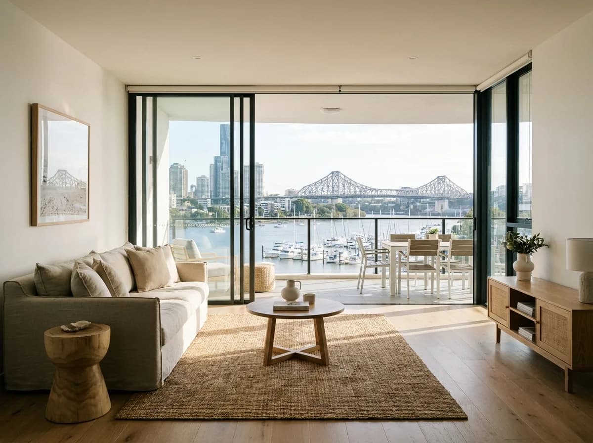 Riverfront apartment living area overlooking the Brisbane River at Hamilton