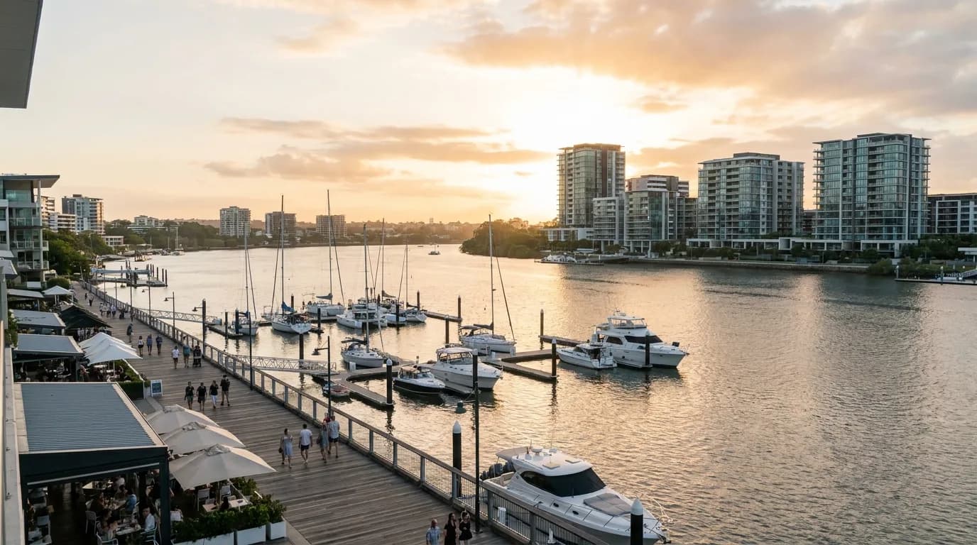 Brisbane River and Portside Wharf dining promenade at Hamilton, Brisbane
