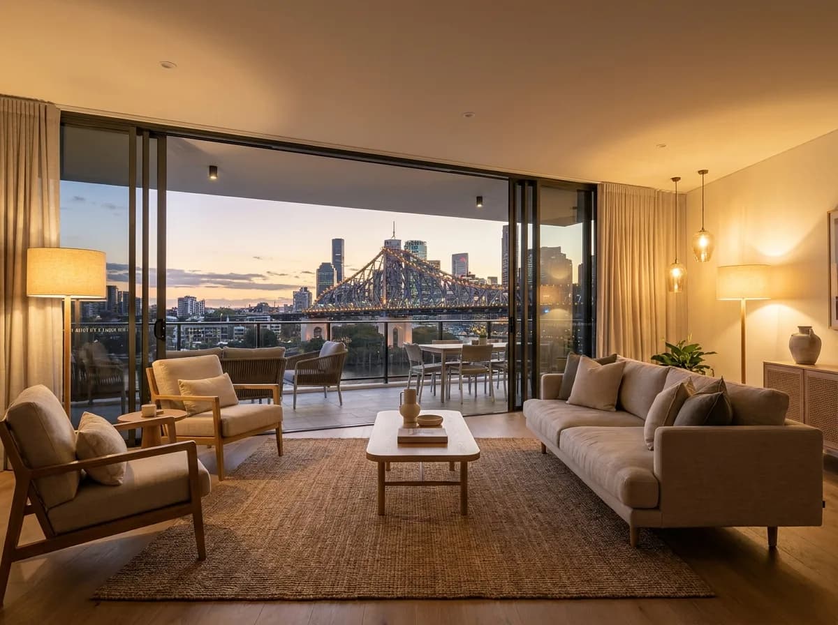 Apartment living room with Story Bridge and Brisbane city views at Kangaroo Point