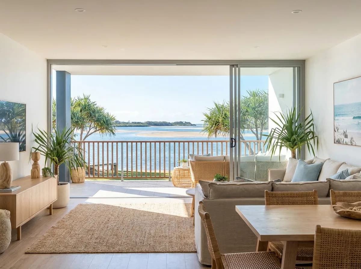 River-view apartment interior over the Maroochy River at Maroochydore, Sunshine Coast