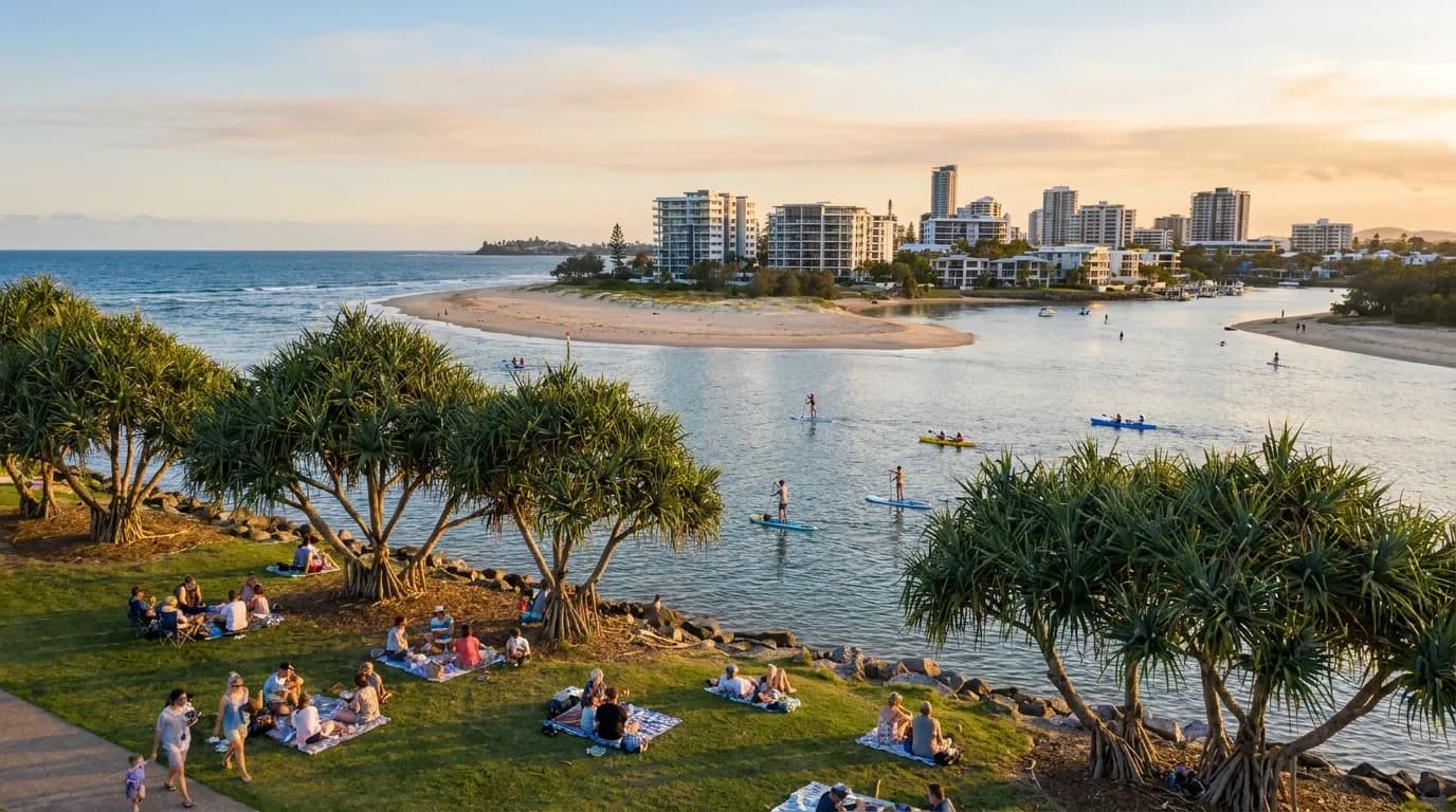 Maroochy River mouth and Cotton Tree foreshore at Maroochydore, Sunshine Coast