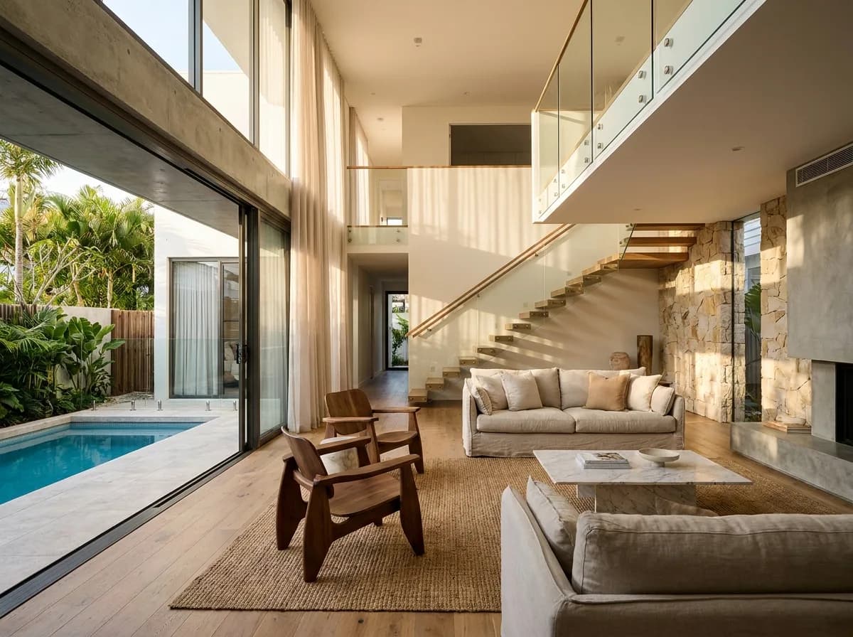 Luxury beach house living space with private pool at Mermaid Beach, Gold Coast