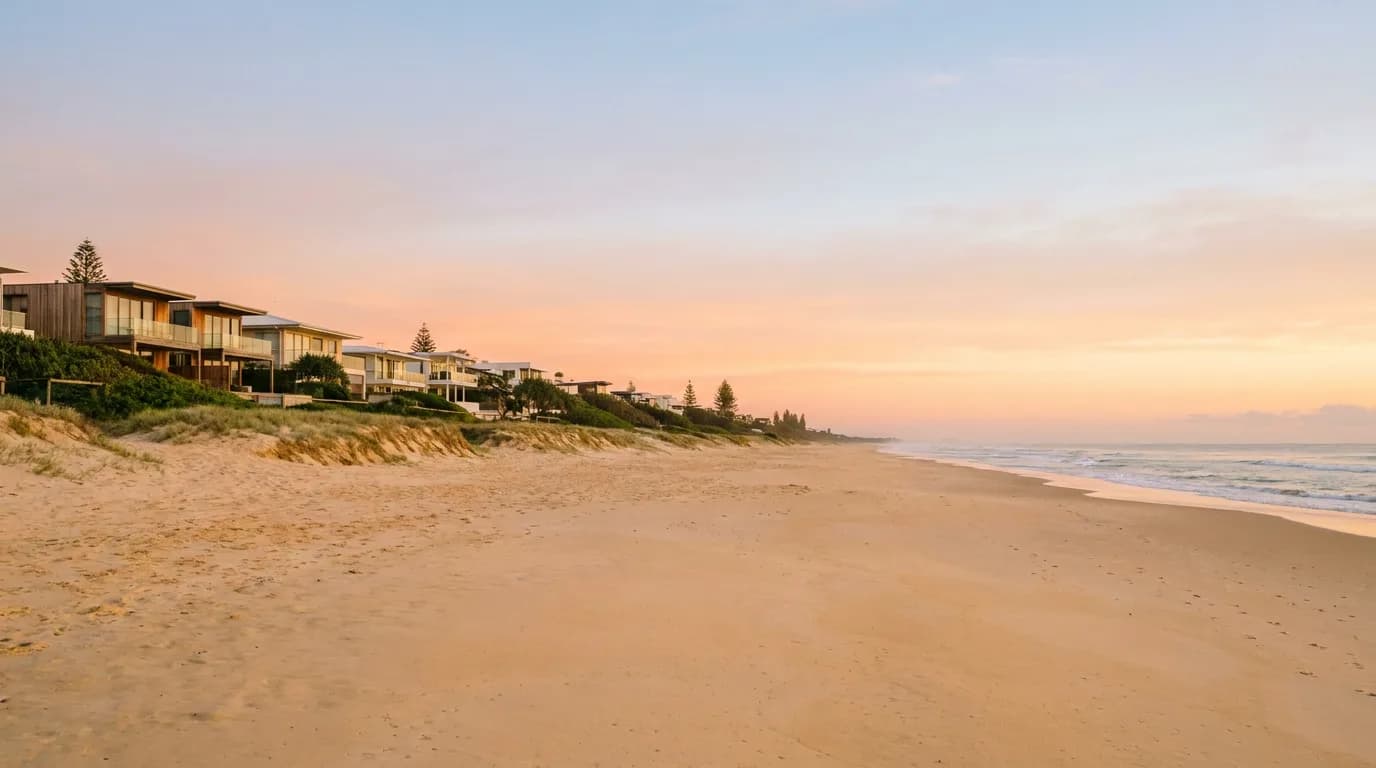 Quiet sand and Hedges Avenue beach houses at sunrise, Mermaid Beach, Gold Coast