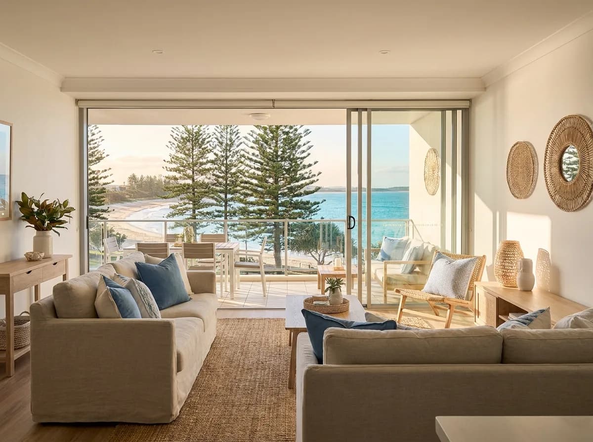 Esplanade apartment living room above Mooloolaba beach, Sunshine Coast