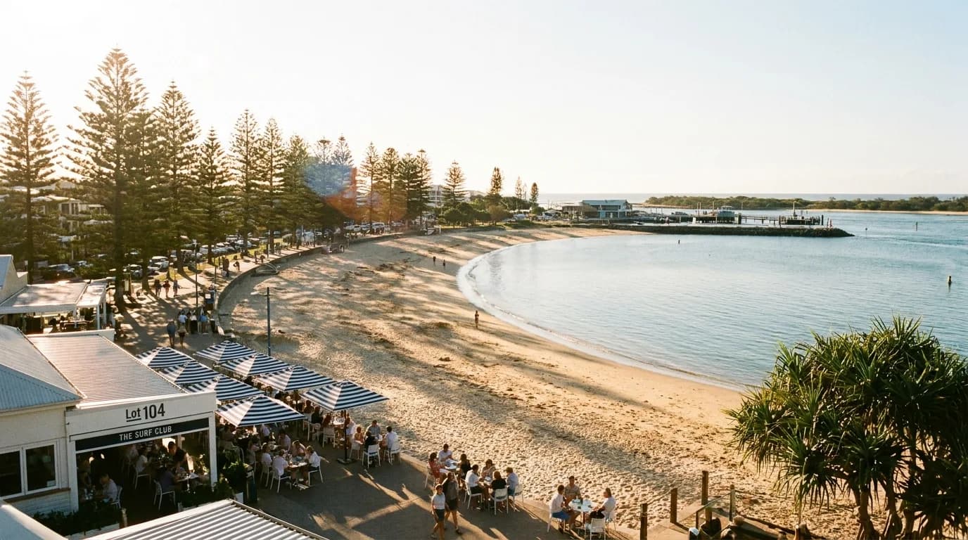 Mooloolaba beach curve, esplanade dining and Norfolk pines, Sunshine Coast