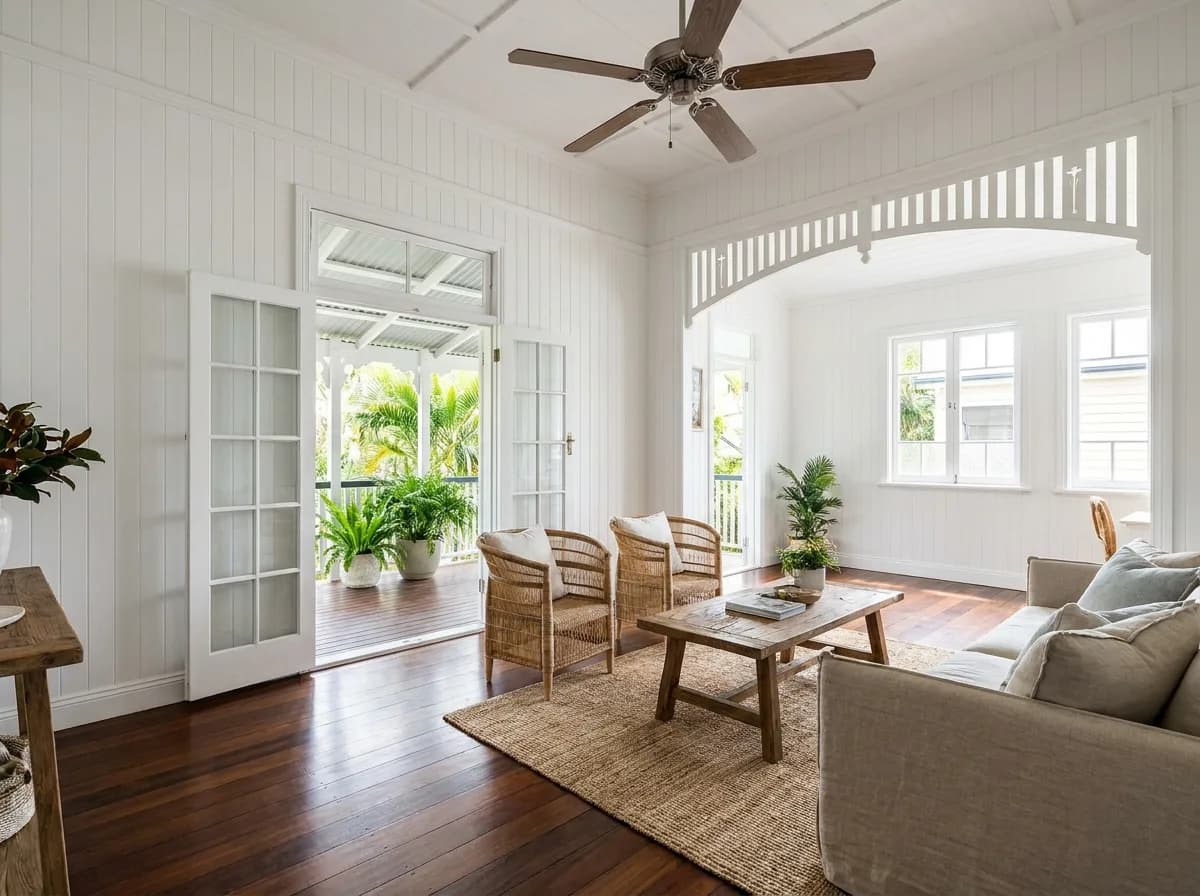 Renovated Queenslander living room with VJ walls and verandah in New Farm, Brisbane