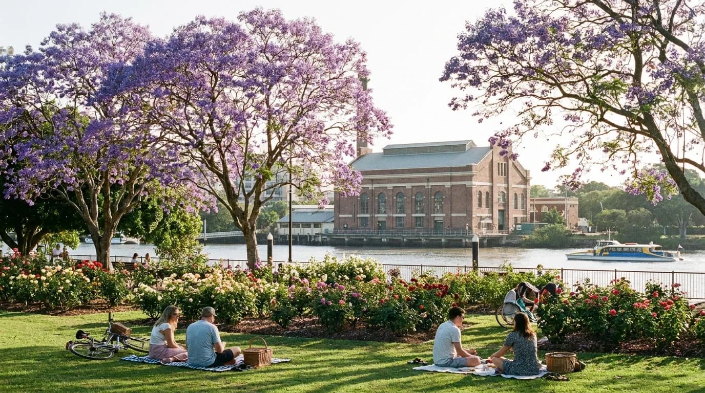 New Farm Park jacarandas and the Brisbane Powerhouse on the river, New Farm