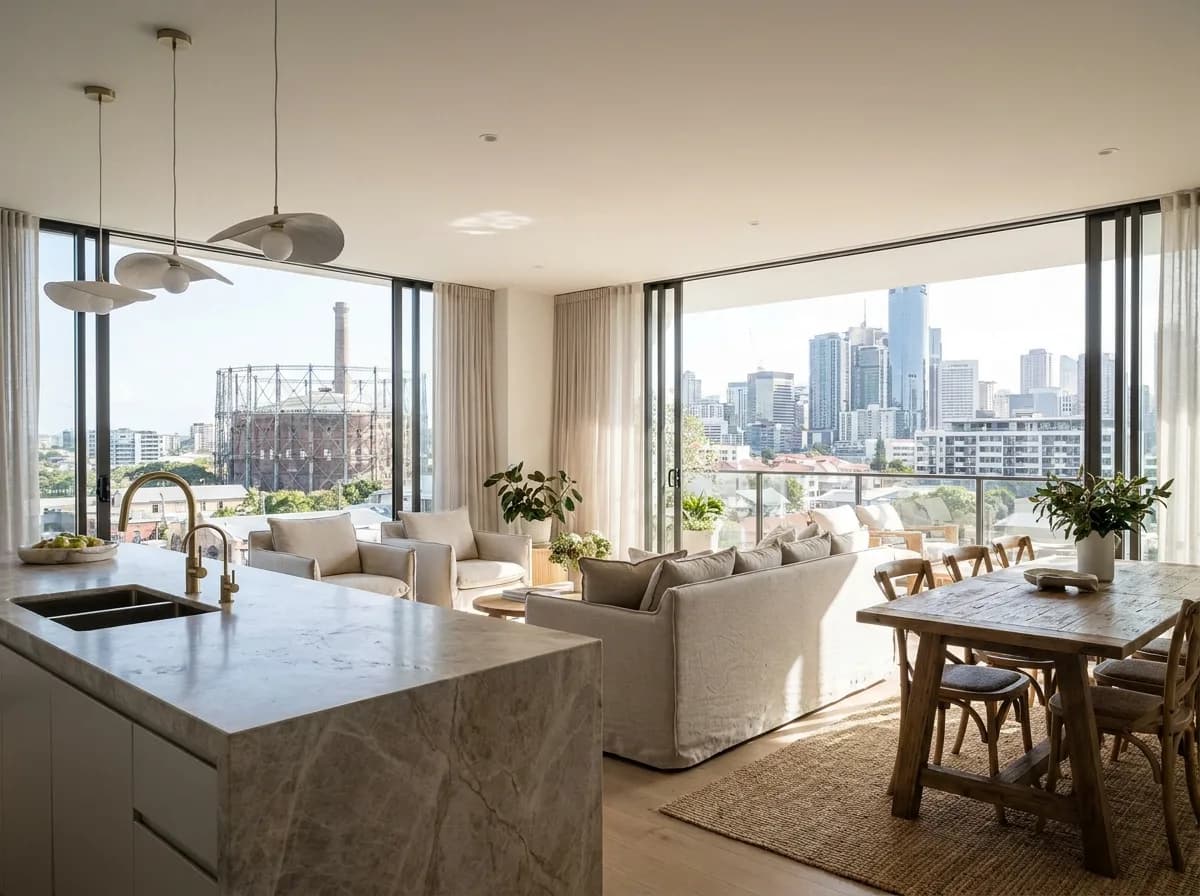New luxury apartment interior with city outlook in Newstead, Brisbane