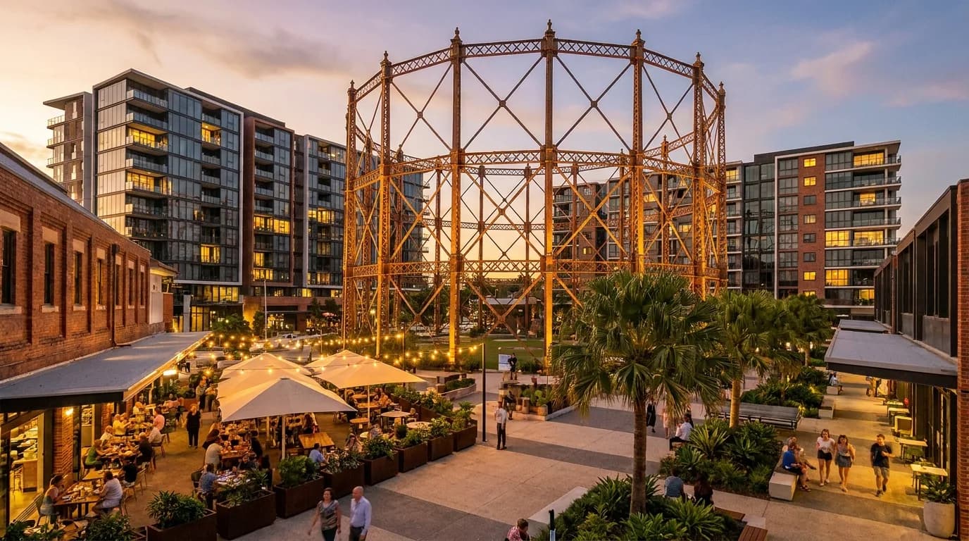 Gasworks precinct gasometer and apartment dining plaza in Newstead, Brisbane