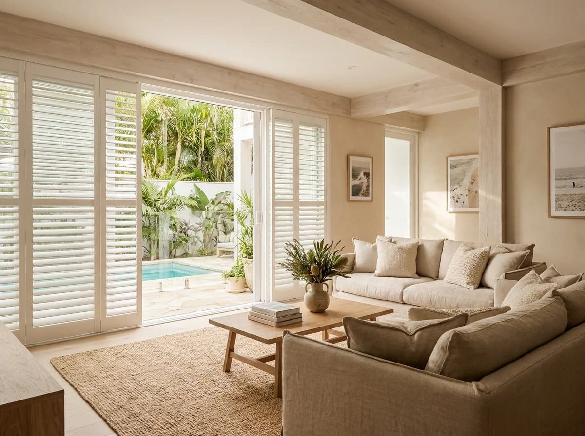 Resort-style apartment living room near Hastings Street, Noosa, Sunshine Coast