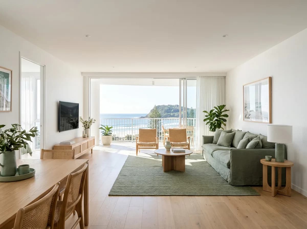 Modern coastal apartment interior with surf outlook at Palm Beach, Gold Coast