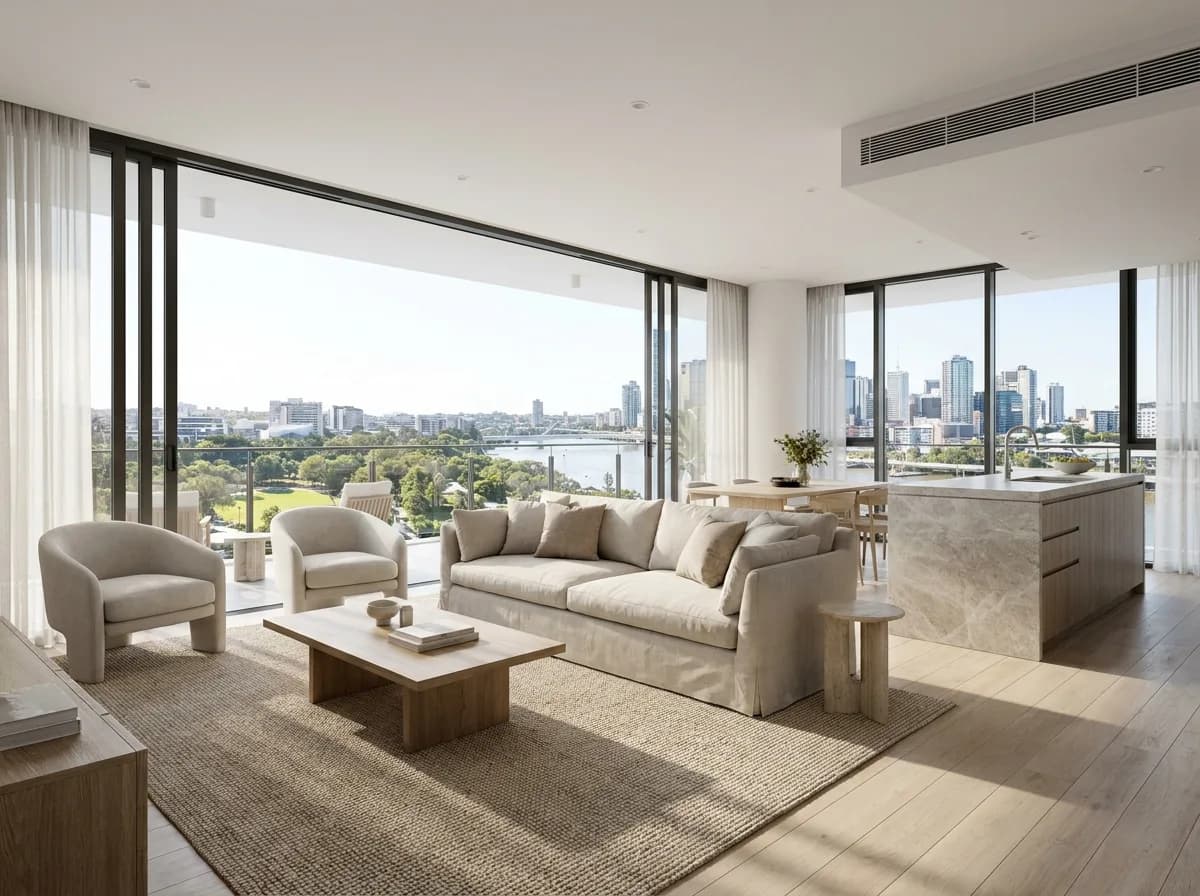 Highrise apartment living space overlooking South Bank parklands, South Brisbane