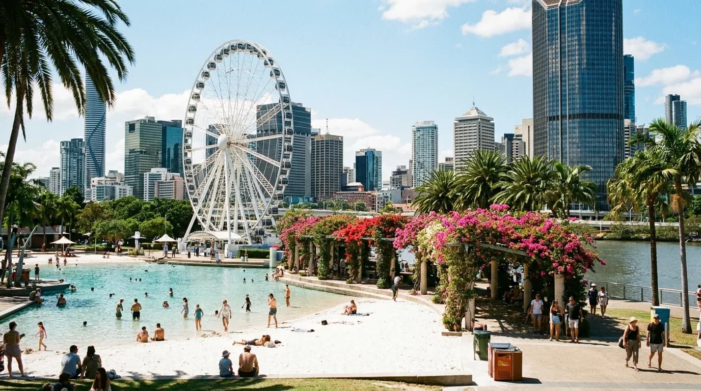 South Bank Parklands and Streets Beach lagoon with the Brisbane skyline, South Brisbane