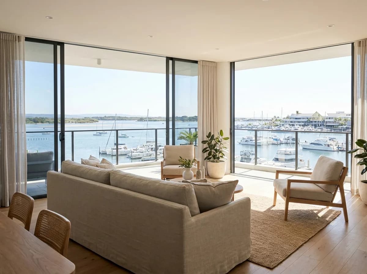 Apartment living room overlooking the Broadwater at Southport, Gold Coast