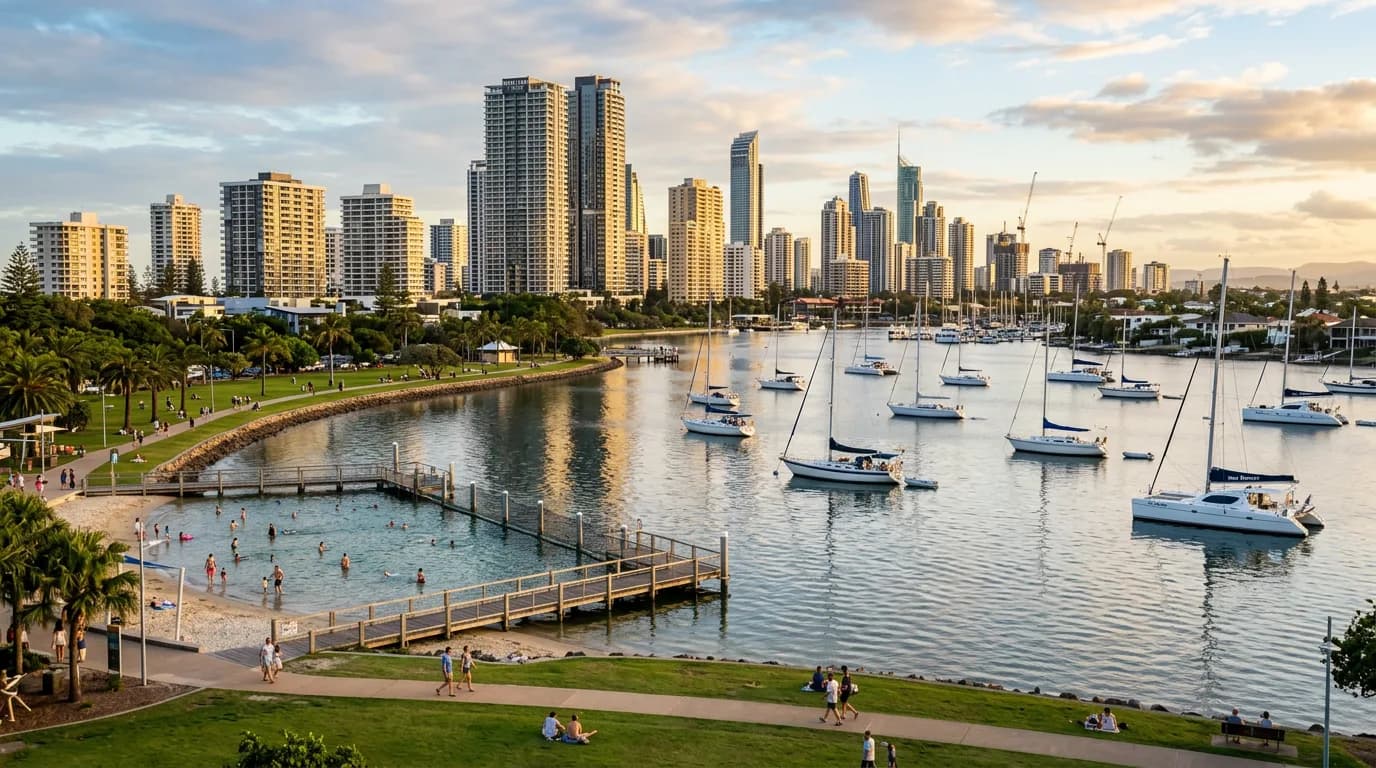 The Broadwater and parklands foreshore with the Southport skyline, Gold Coast