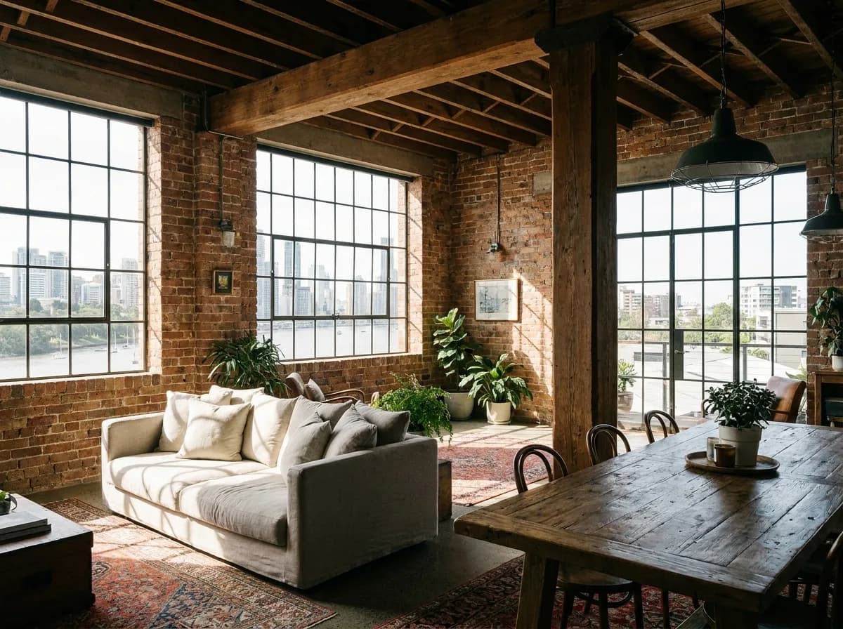 Converted woolstore loft apartment with exposed brick and timber beams in Teneriffe, Brisbane