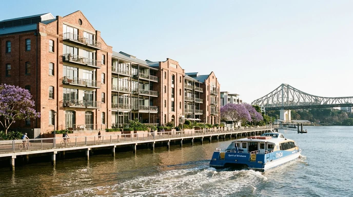 Heritage woolstore apartments and the riverwalk at Teneriffe, Brisbane