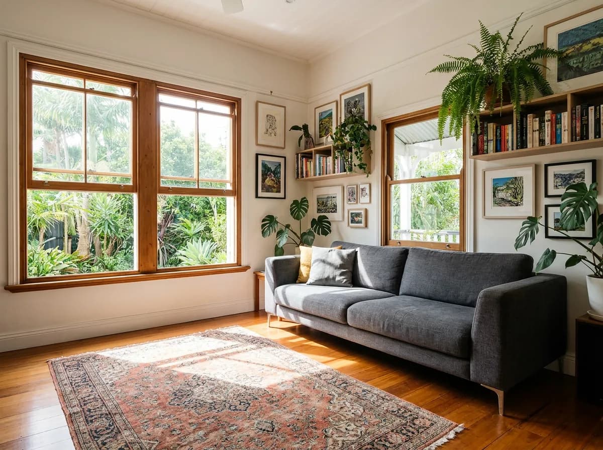 Character worker's cottage living room with eclectic styling in West End, Brisbane