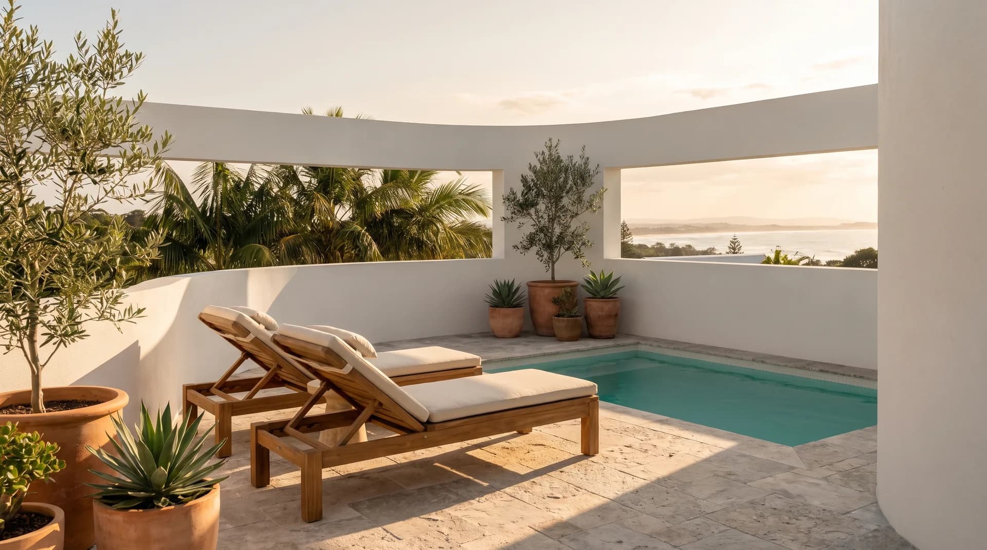 Rooftop terrace with plunge pool at golden hour
