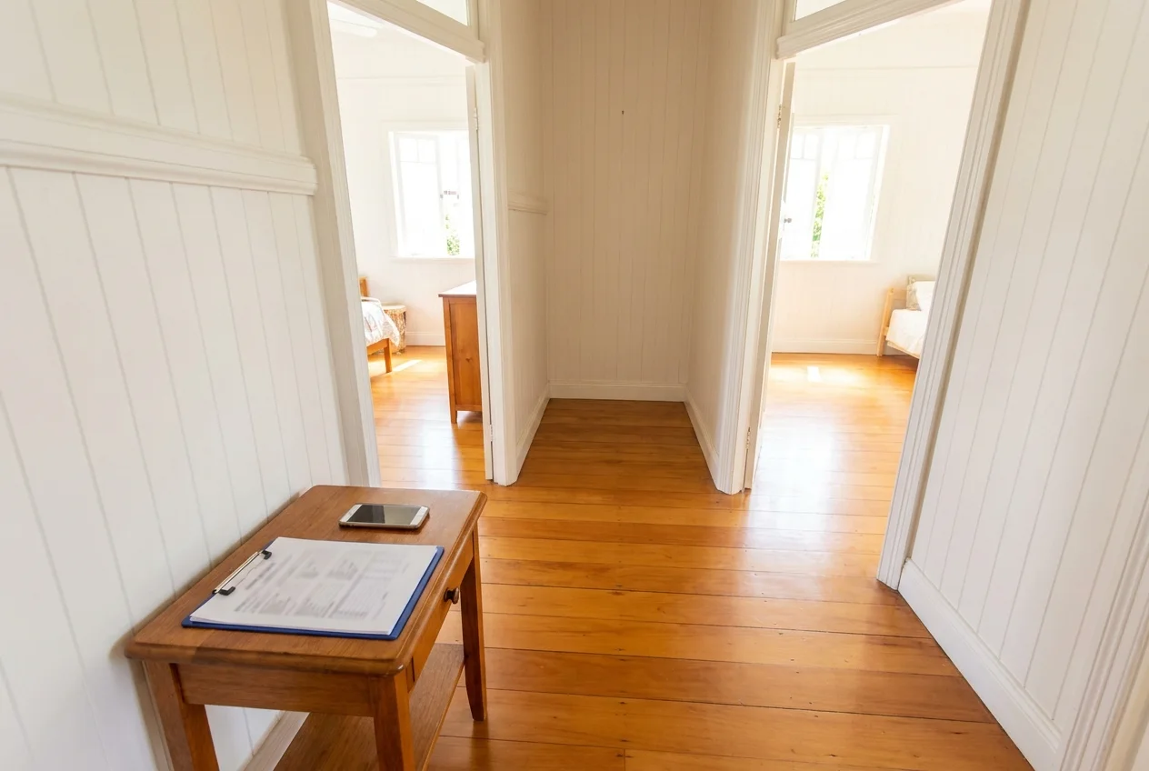 Property manager conducting a routine rental inspection in a bright hallway with a clipboard and condition report