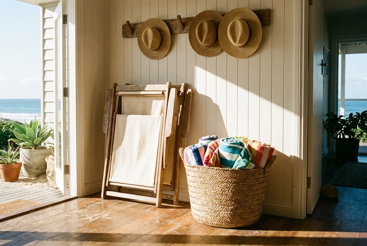 Holiday rental beach house entry stocked with beach towels, chairs and sun hats ready for peak season guests