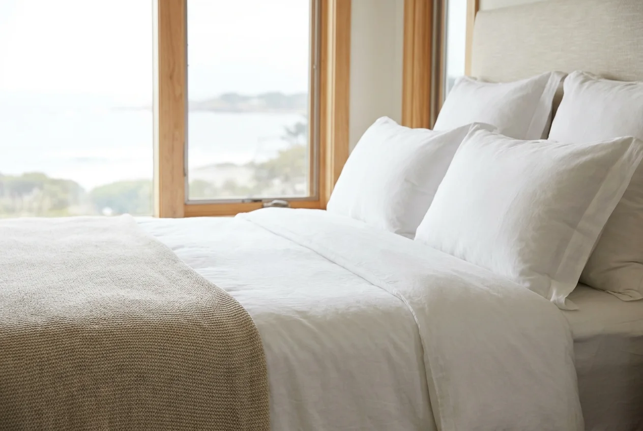 Freshly made hotel-quality bed with crisp white linen, part of a holiday rental peak season checklist