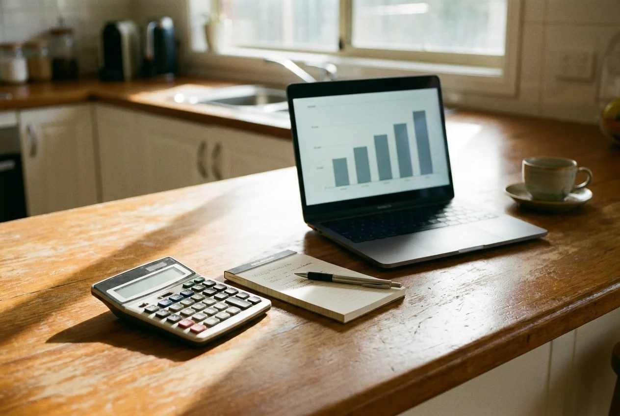 Investor comparing Airbnb and long-term rental returns on a laptop and calculator at a kitchen bench